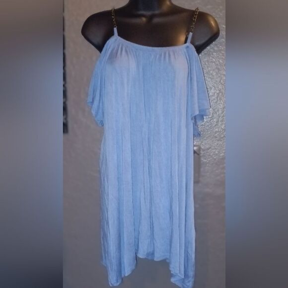 Cornflower blue off the shoulder top w!/ Metal strap accent - Picture 2 of 4